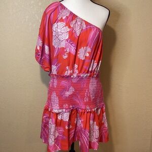 Farm Rio One Shoulder Dewdrop Floral Red Mini Dress, Size Large, Smocked waist